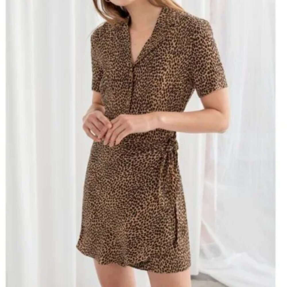 & Other Stories Side Wrap Leopard Print Button Up Brown Mini Dress Size 10